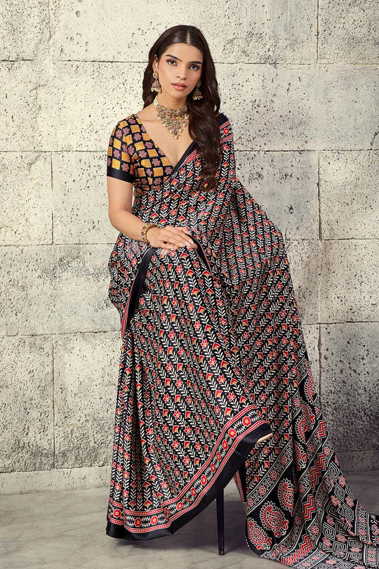 Penny Black Modal Satin Ajrakh Print Ready to Wear Saree