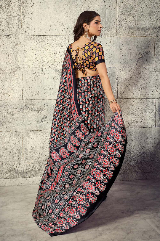 Penny Black Modal Satin Ajrakh Print Ready to Wear Saree