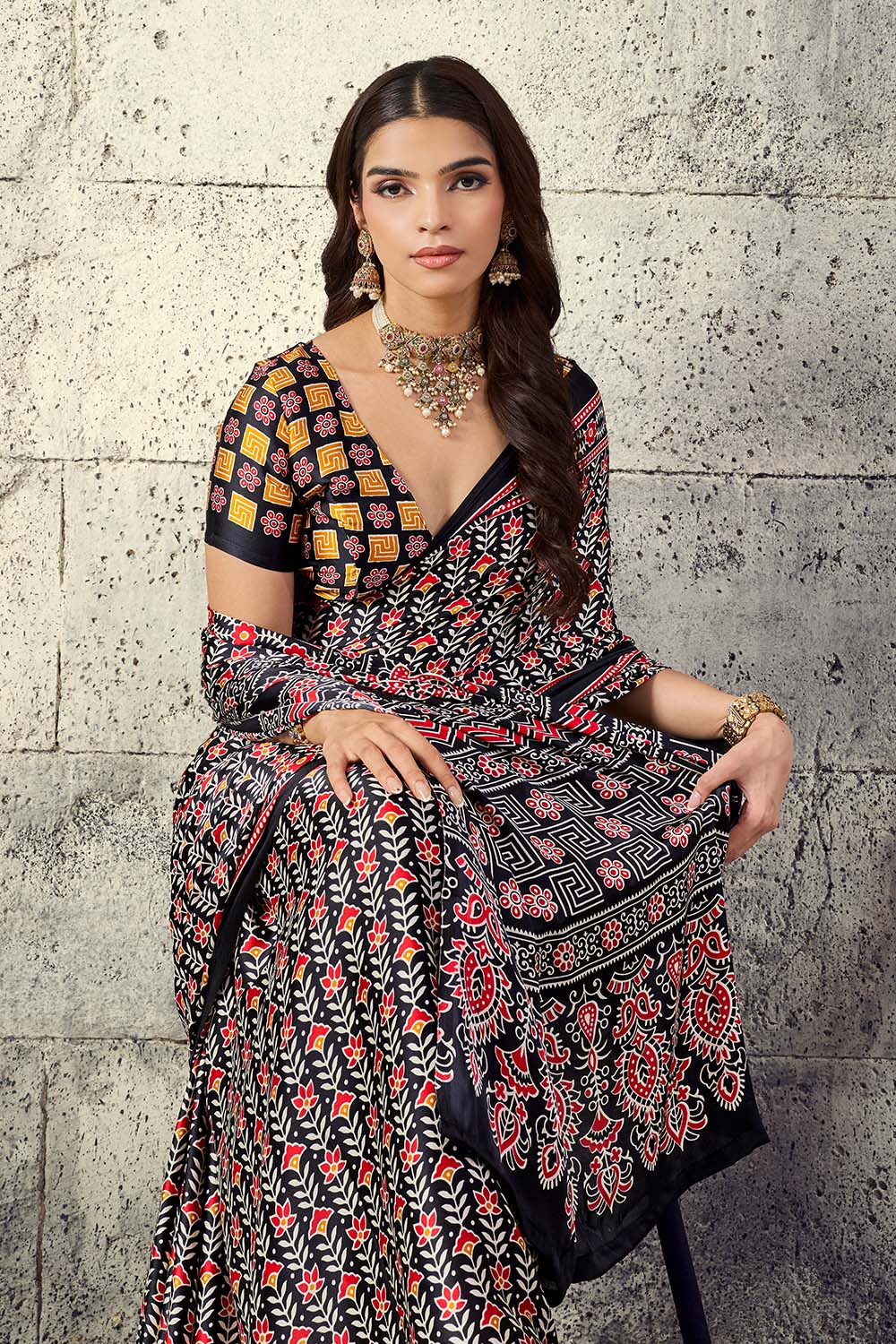 Penny Black Modal Satin Ajrakh Print Ready to Wear Saree