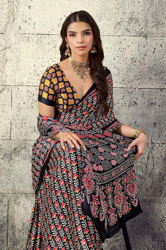 Penny Black Modal Satin Ajrakh Print Ready to Wear Saree