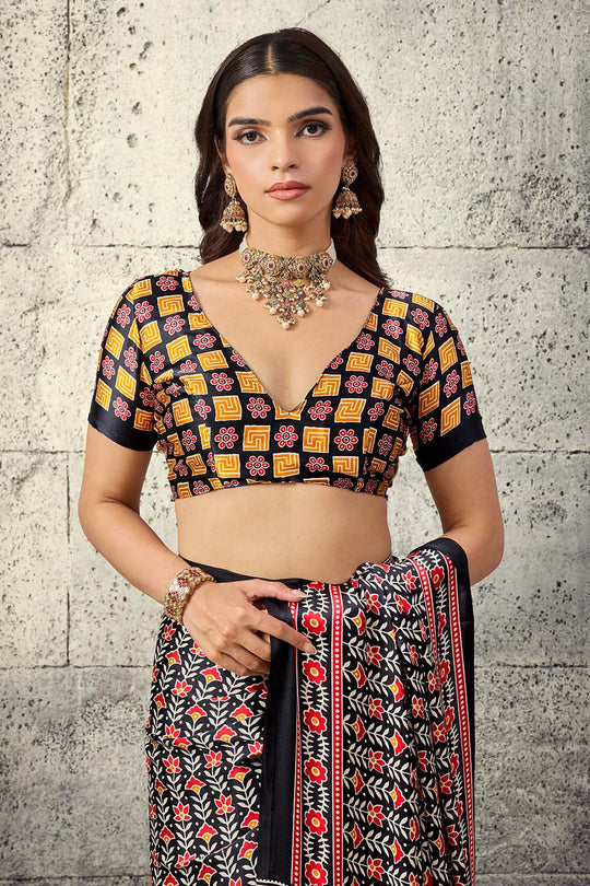 Penny Black Modal Satin Ajrakh Print Ready to Wear Saree