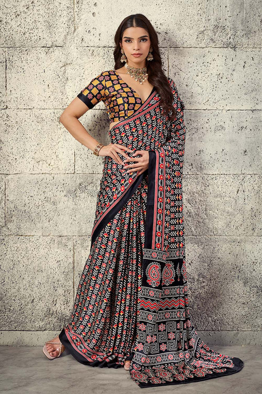Penny Black Modal Satin Ajrakh Print Ready to Wear Saree