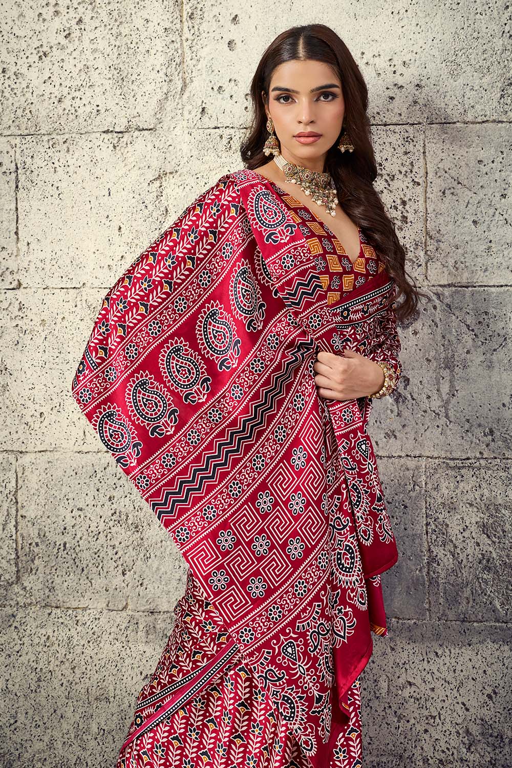 Penny Crimson Red Modal Satin Ajrakh Print Ready to Wear Saree