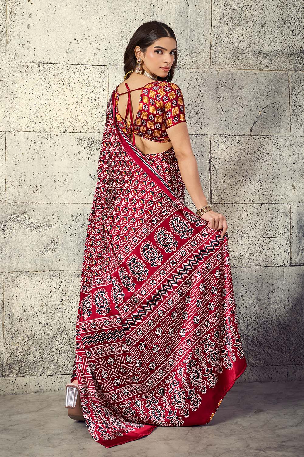 Penny Crimson Red Modal Satin Ajrakh Print Ready to Wear Saree
