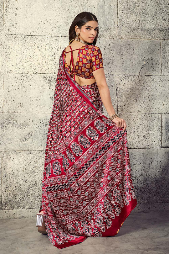 Penny Crimson Red Modal Satin Ajrakh Print Ready to Wear Saree