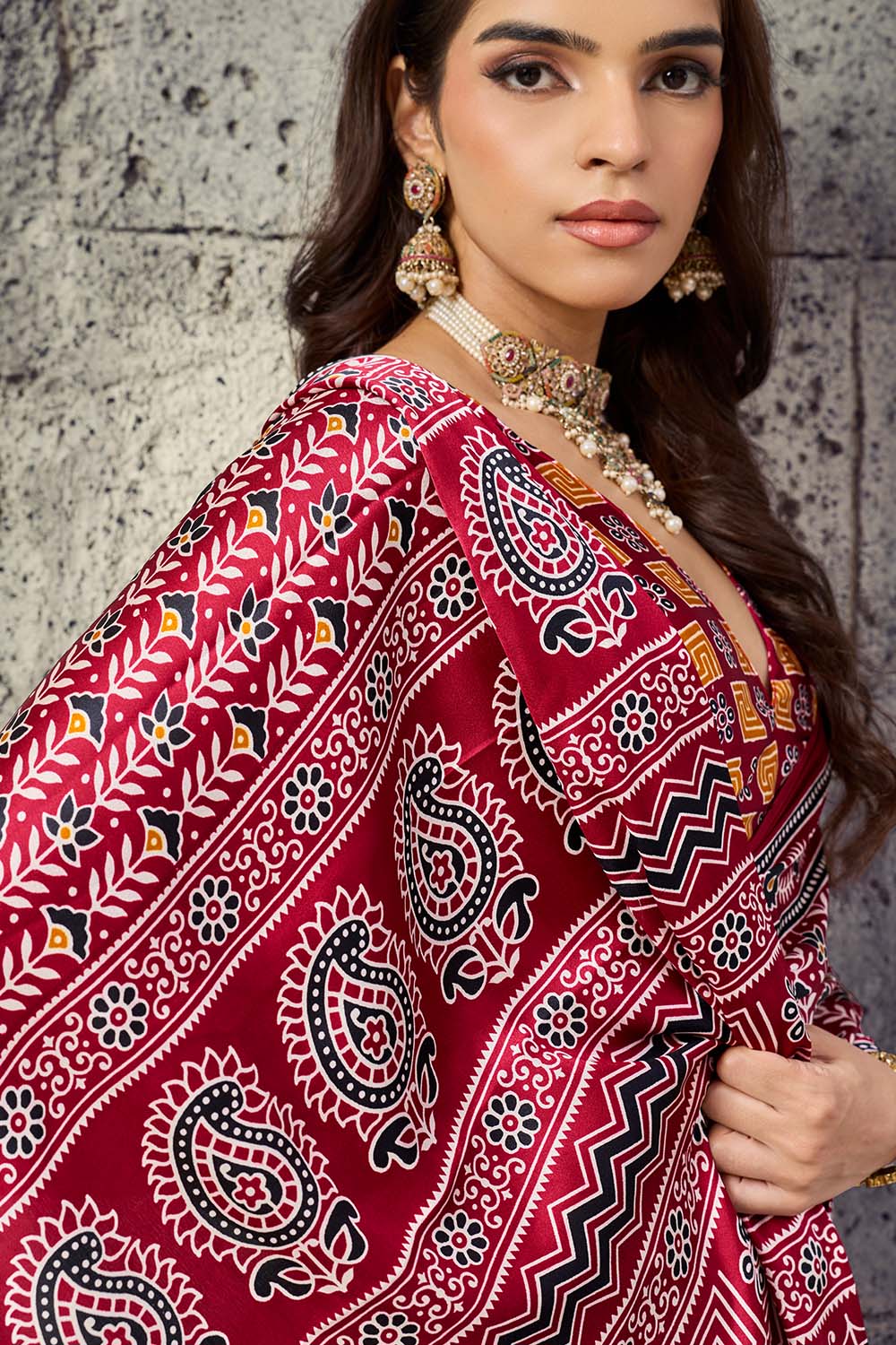 Penny Crimson Red Modal Satin Ajrakh Print Ready to Wear Saree