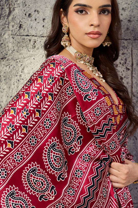 Penny Crimson Red Modal Satin Ajrakh Print Ready to Wear Saree