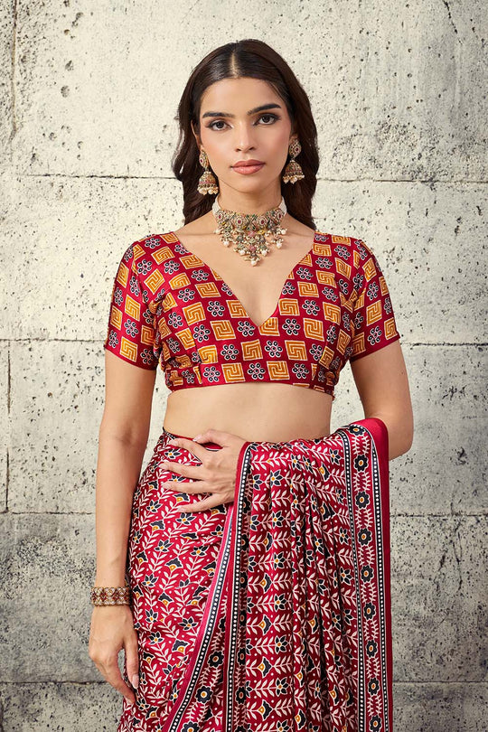 Penny Crimson Red Modal Satin Ajrakh Print Ready to Wear Saree