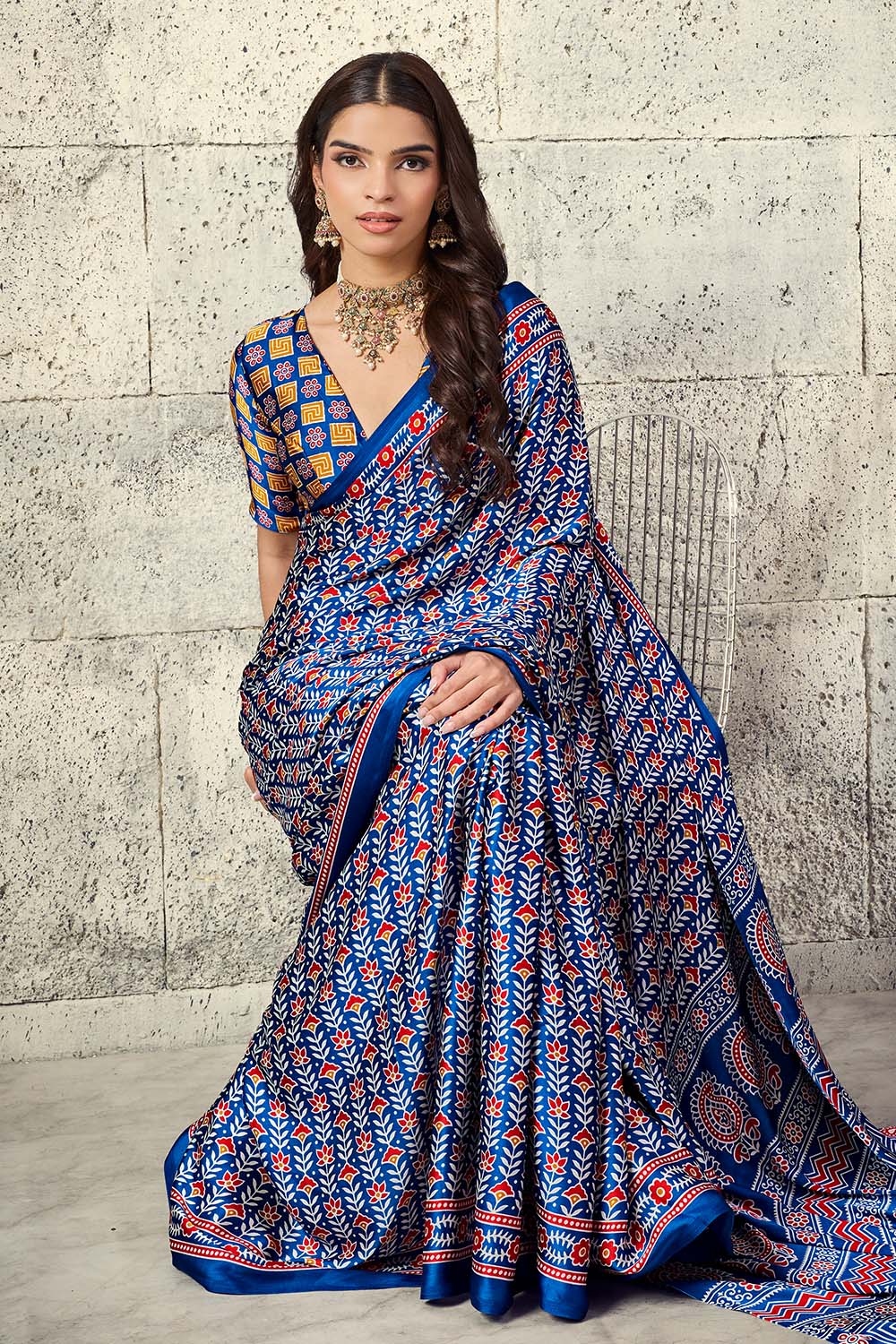 Penny Sapphire Blue Modal Satin Ajrakh Print Ready to Wear Saree
