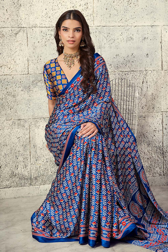 Penny Sapphire Blue Modal Satin Ajrakh Print Ready to Wear Saree