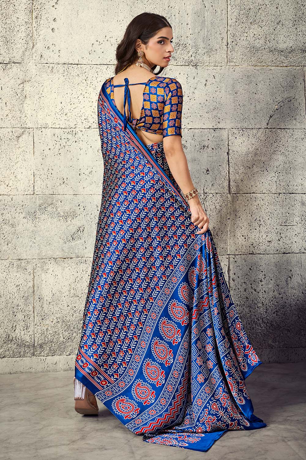 Penny Sapphire Blue Modal Satin Ajrakh Print Ready to Wear Saree