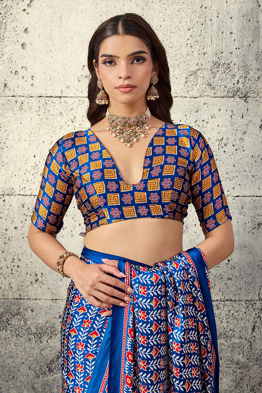 Penny Sapphire Blue Modal Satin Ajrakh Print Ready to Wear Saree