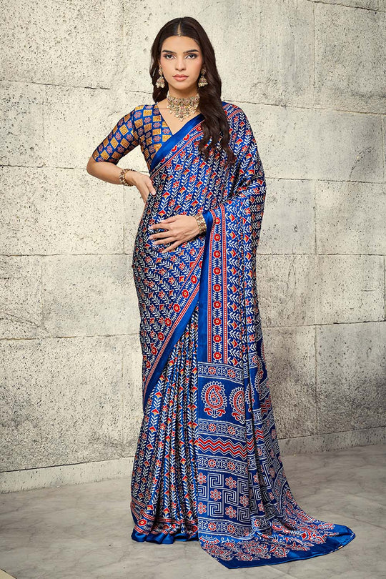 Penny Sapphire Blue Modal Satin Ajrakh Print Ready to Wear Saree