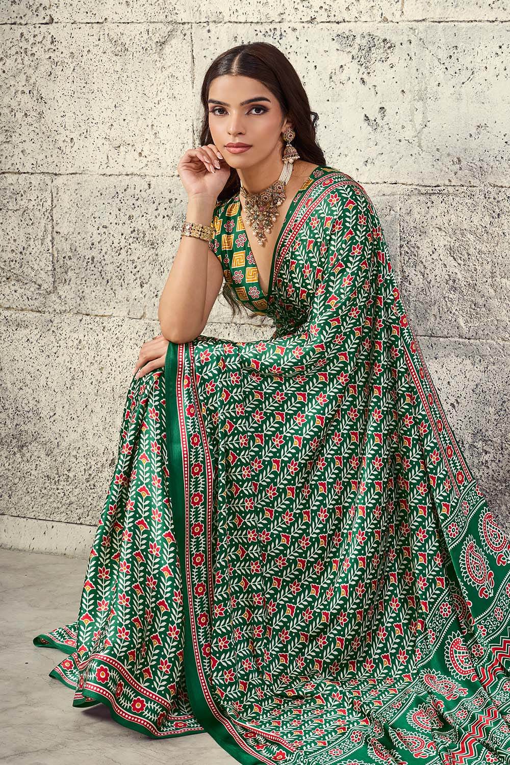 Penny Green Modal Satin Ajrakh Print Ready to Wear Saree