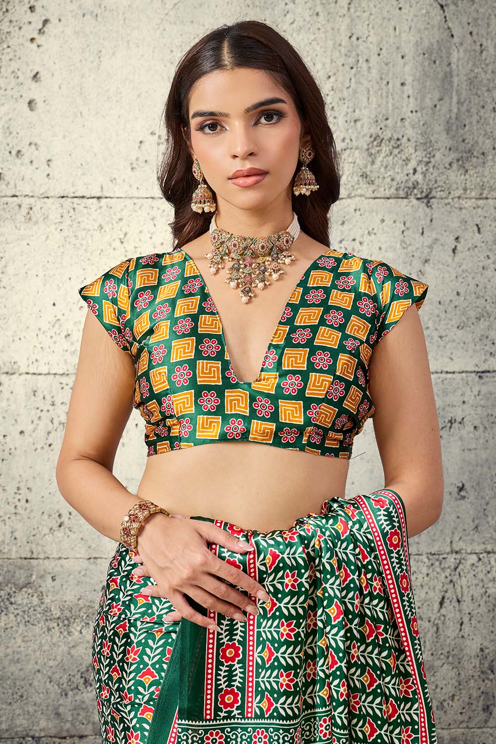 Penny Green Modal Satin Ajrakh Print Ready to Wear Saree