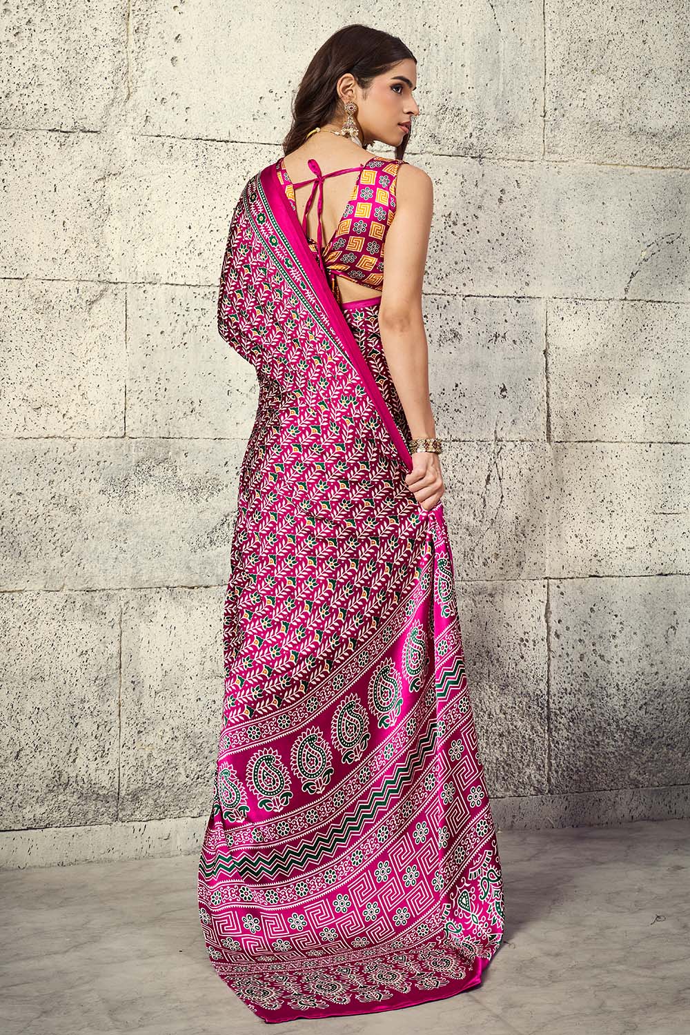 Penny Hot Pink Modal Satin Ajrakh Print Ready to Wear Saree