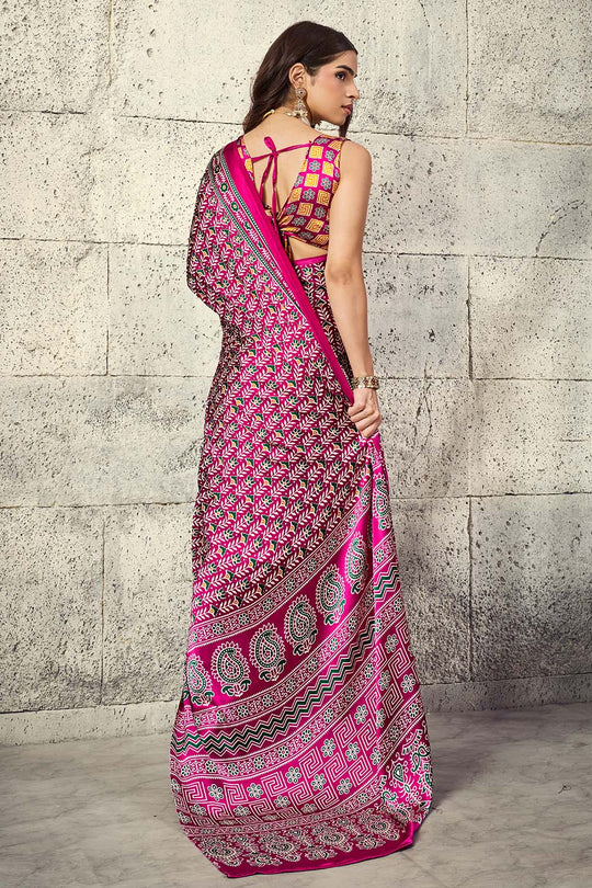 Penny Hot Pink Modal Satin Ajrakh Print Ready to Wear Saree