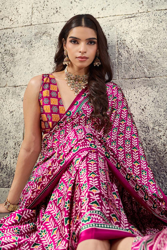 Penny Hot Pink Modal Satin Ajrakh Print Ready to Wear Saree