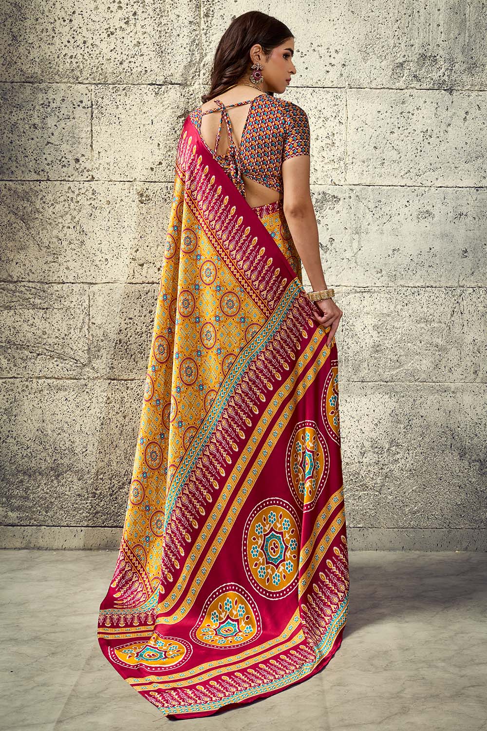 Lina Mustard Yellow and Maroon Ajrakh Print Modal Satin Ready to wear Saree