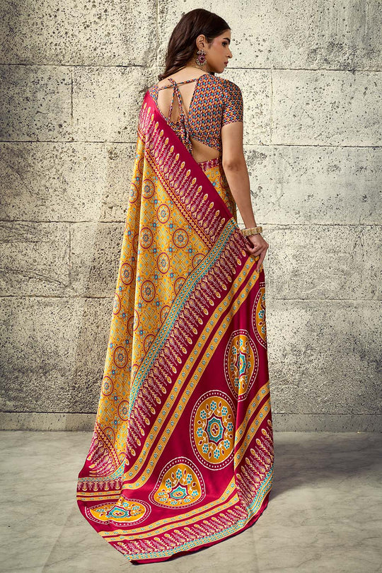 Lina Mustard Yellow and Maroon Ajrakh Print Modal Satin Ready to wear Saree
