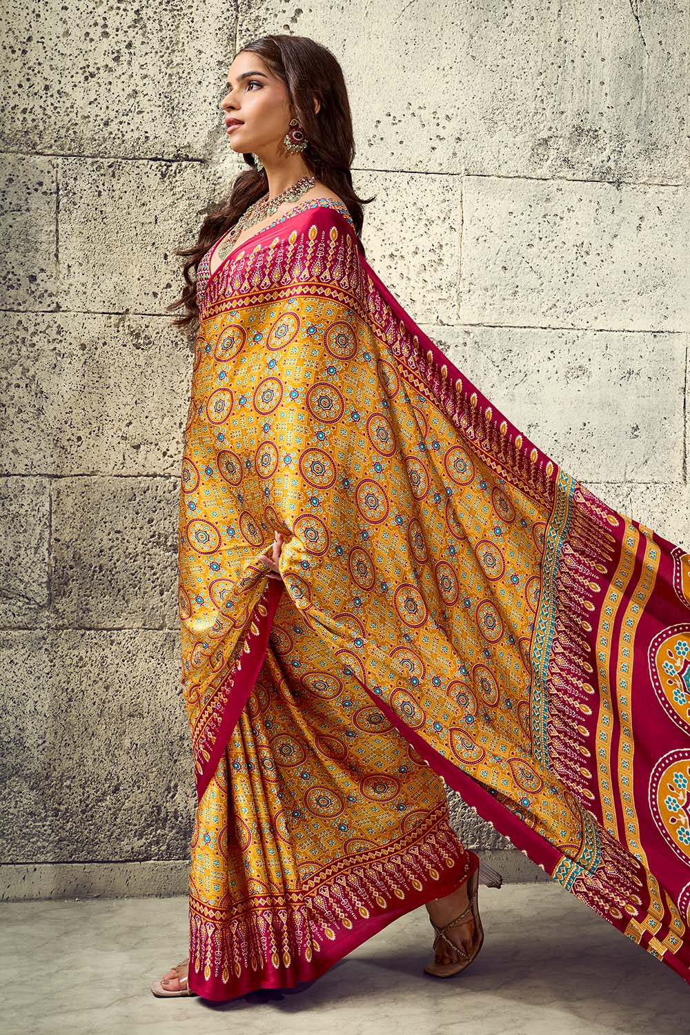 Lina Mustard Yellow and Maroon Ajrakh Print Modal Satin Ready to wear Saree
