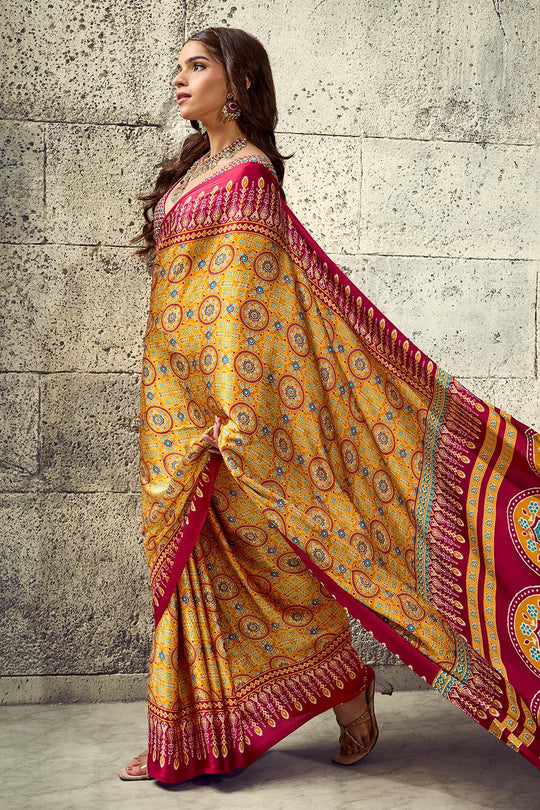 Lina Mustard Yellow and Maroon Ajrakh Print Modal Satin Ready to wear Saree
