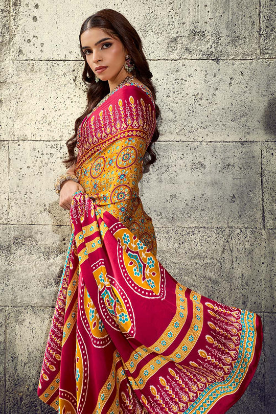 Lina Mustard Yellow and Maroon Ajrakh Print Modal Satin Ready to wear Saree