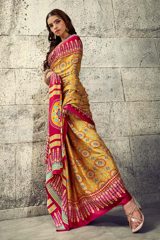 Lina Mustard Yellow and Maroon Ajrakh Print Modal Satin Ready to wear Saree