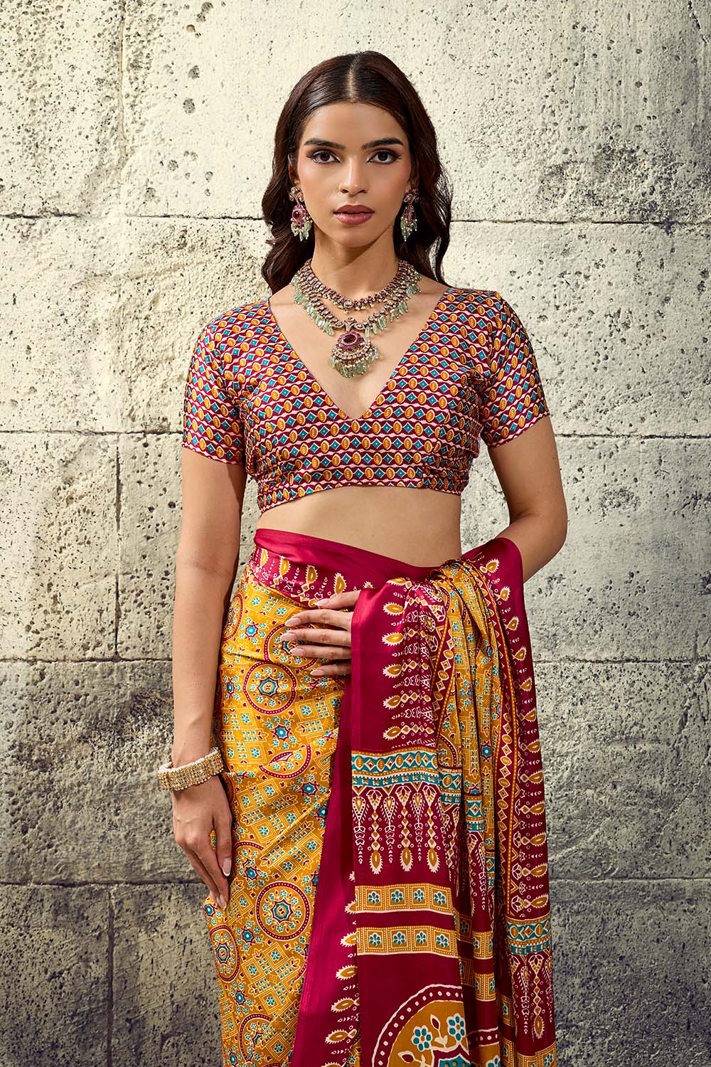Lina Mustard Yellow and Maroon Ajrakh Print Modal Satin Ready to wear Saree
