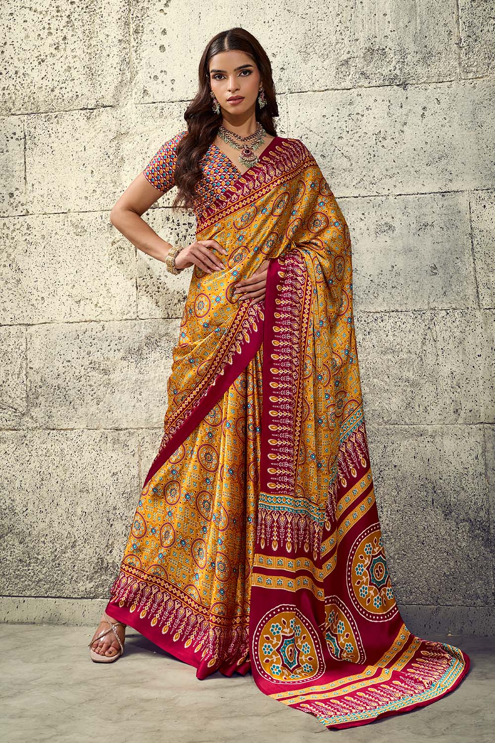 Lina Mustard Yellow and Maroon Ajrakh Print Modal Satin Ready to wear Saree