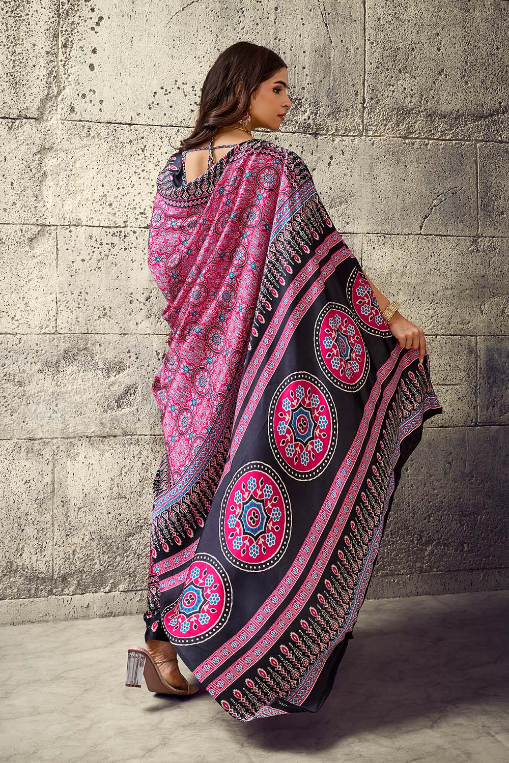 Lina Pink and Black Ajrakh Print Modal Satin Ready to wear Saree