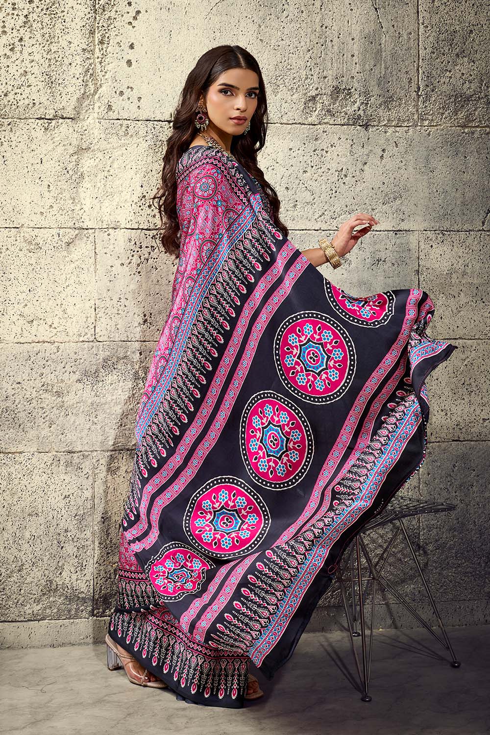 Lina Pink and Black Ajrakh Print Modal Satin Ready to wear Saree
