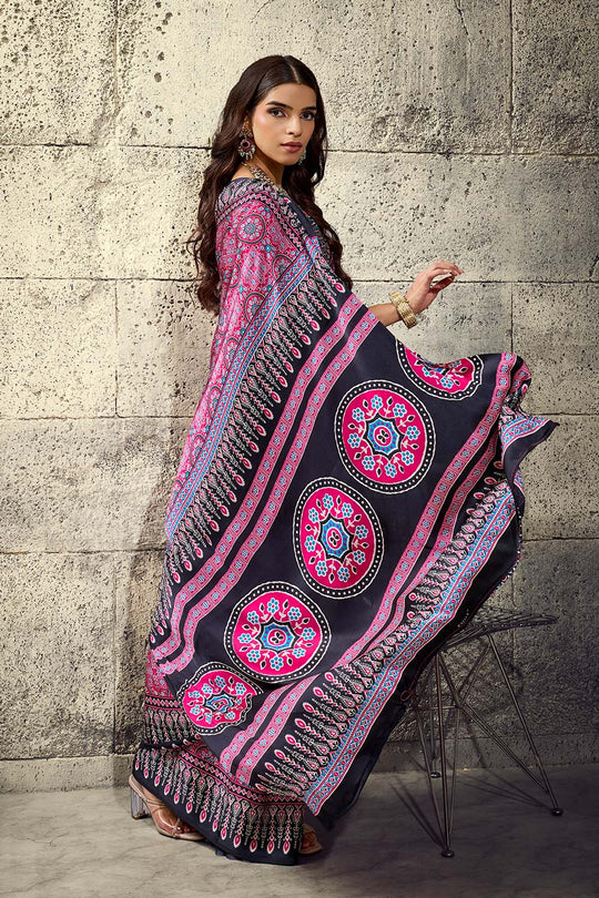 Lina Pink and Black Ajrakh Print Modal Satin Ready to wear Saree