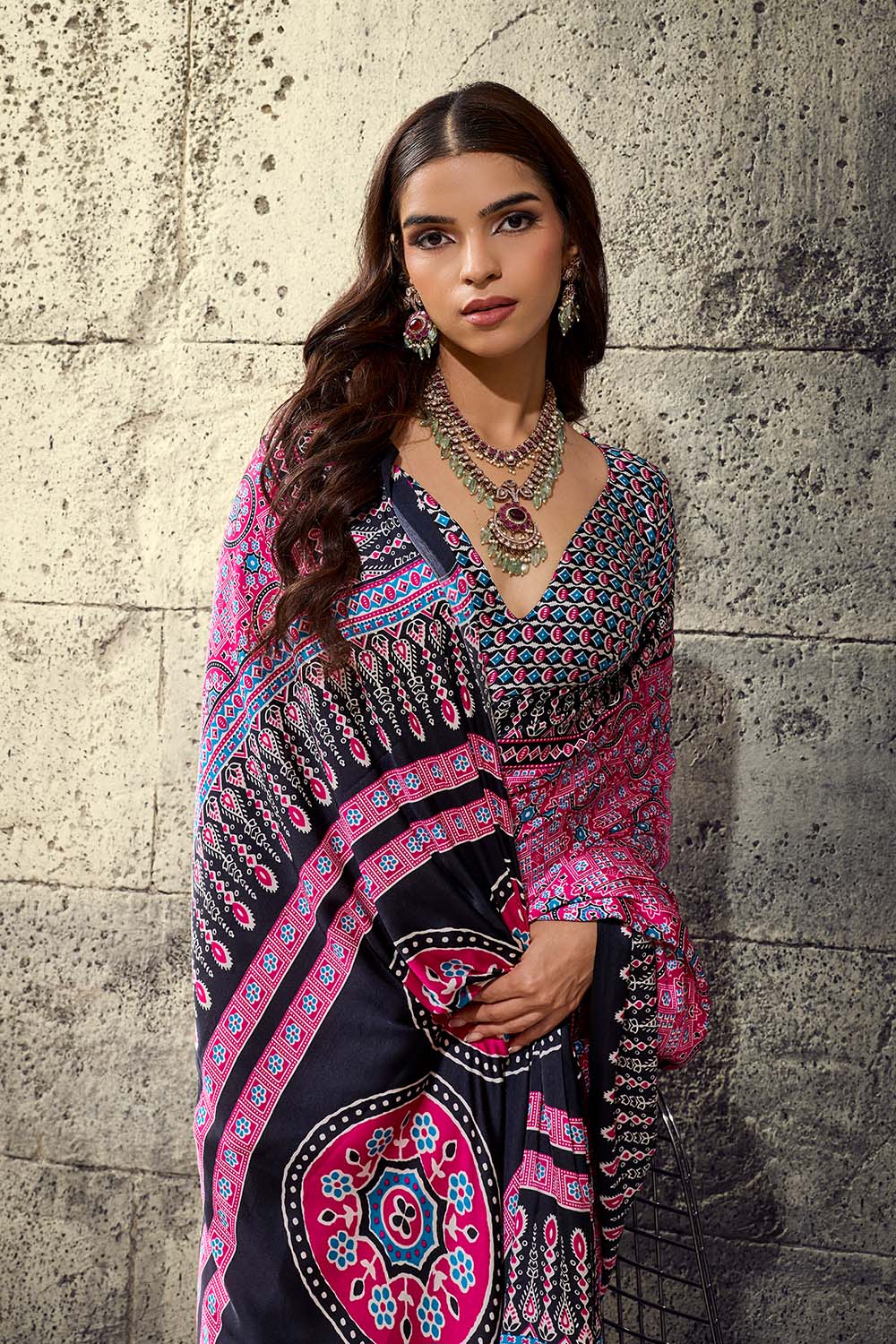 Lina Pink and Black Ajrakh Print Modal Satin Ready to wear Saree
