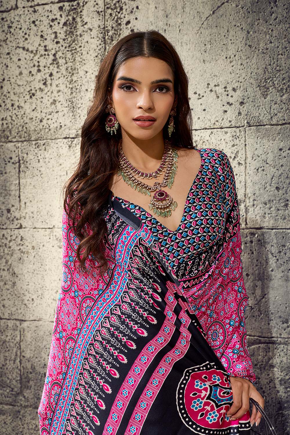 Lina Pink and Black Ajrakh Print Modal Satin Ready to wear Saree