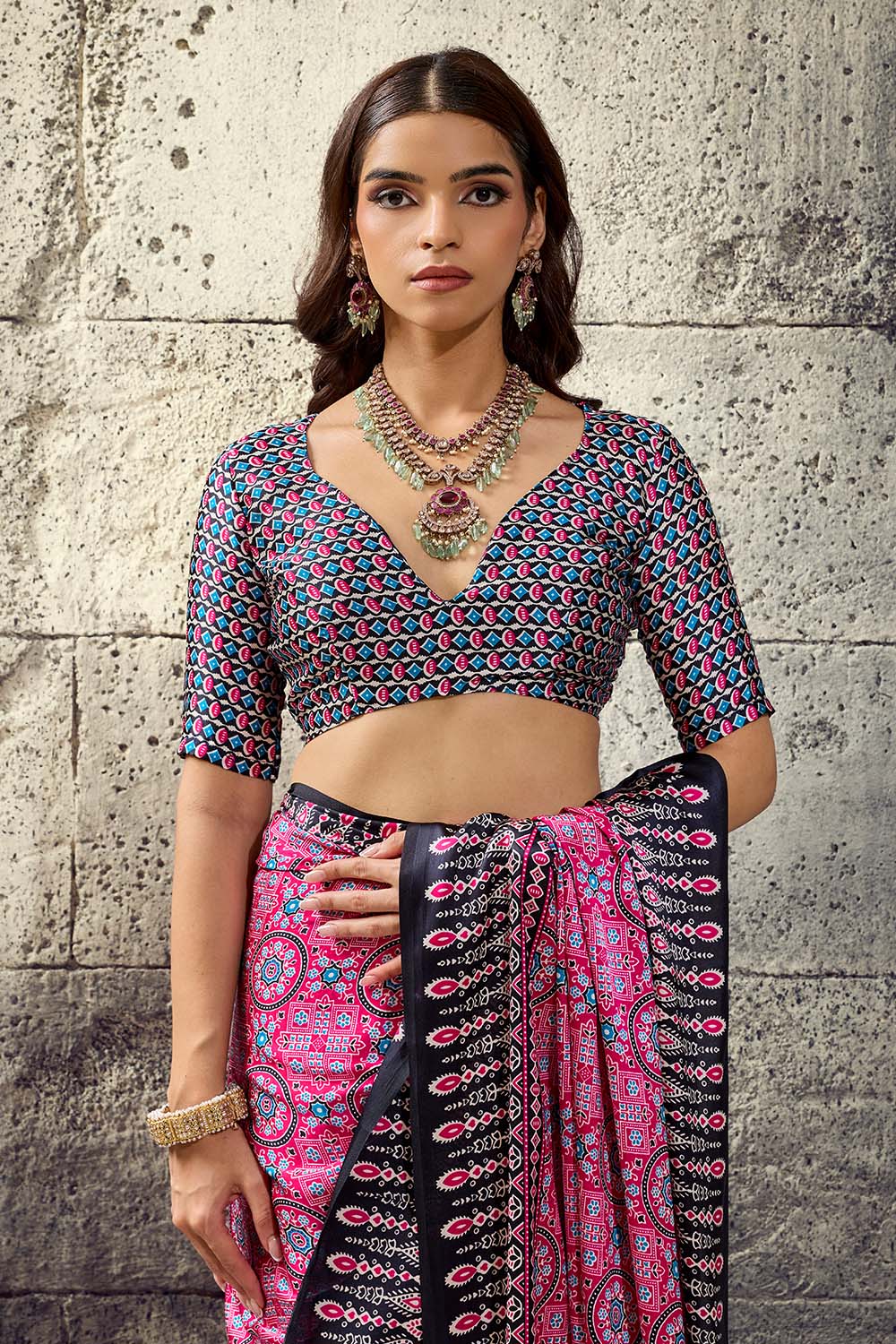 Lina Pink and Black Ajrakh Print Modal Satin Ready to wear Saree