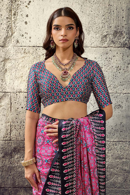 Lina Pink and Black Ajrakh Print Modal Satin Ready to wear Saree
