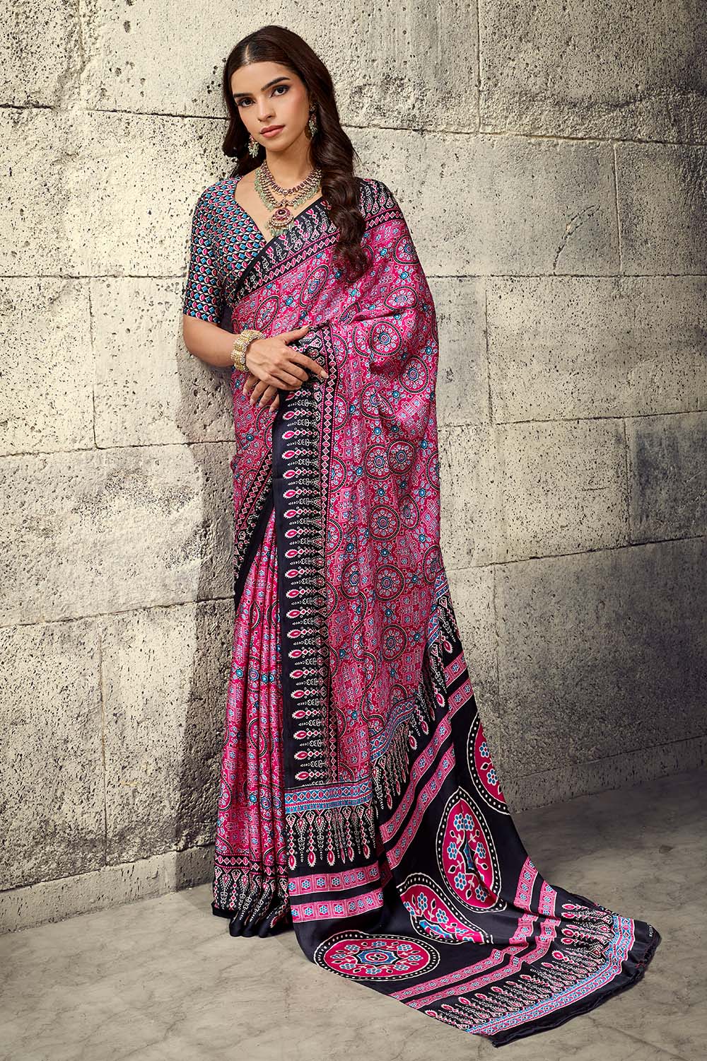 Lina Pink and Black Ajrakh Print Modal Satin Ready to wear Saree