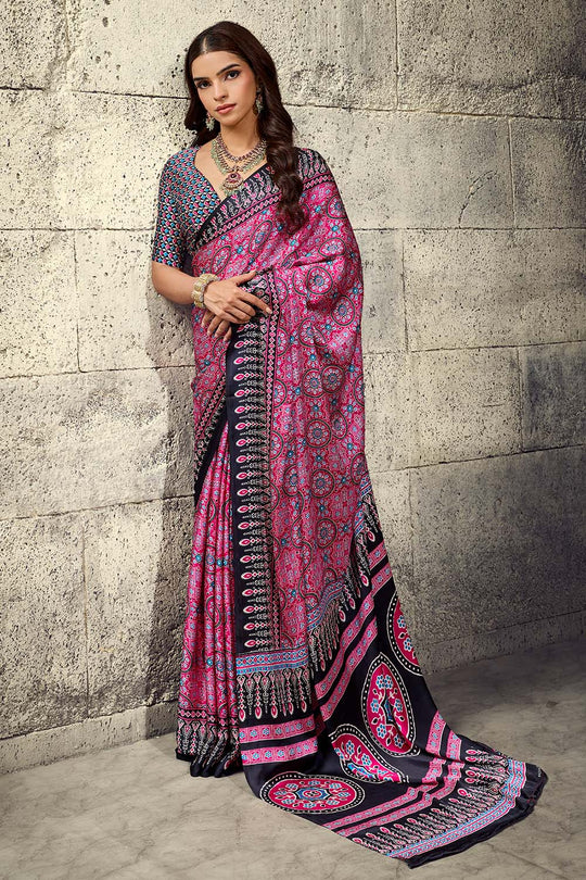 Lina Pink and Black Ajrakh Print Modal Satin Ready to wear Saree