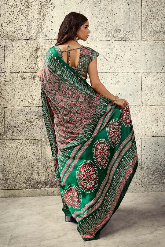 Lina Brown and Green Ajrakh Print Modal Satin Ready to wear Saree