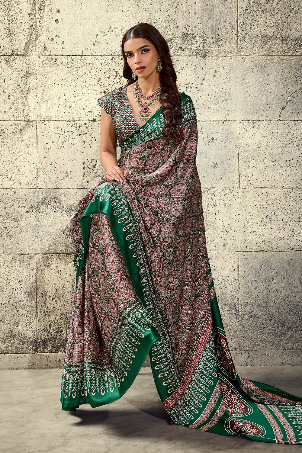 Lina Brown and Green Ajrakh Print Modal Satin Ready to wear Saree
