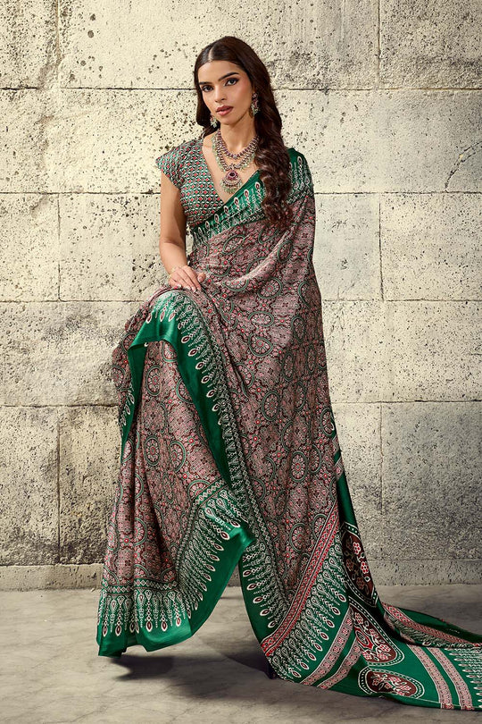 Lina Brown and Green Ajrakh Print Modal Satin Ready to wear Saree