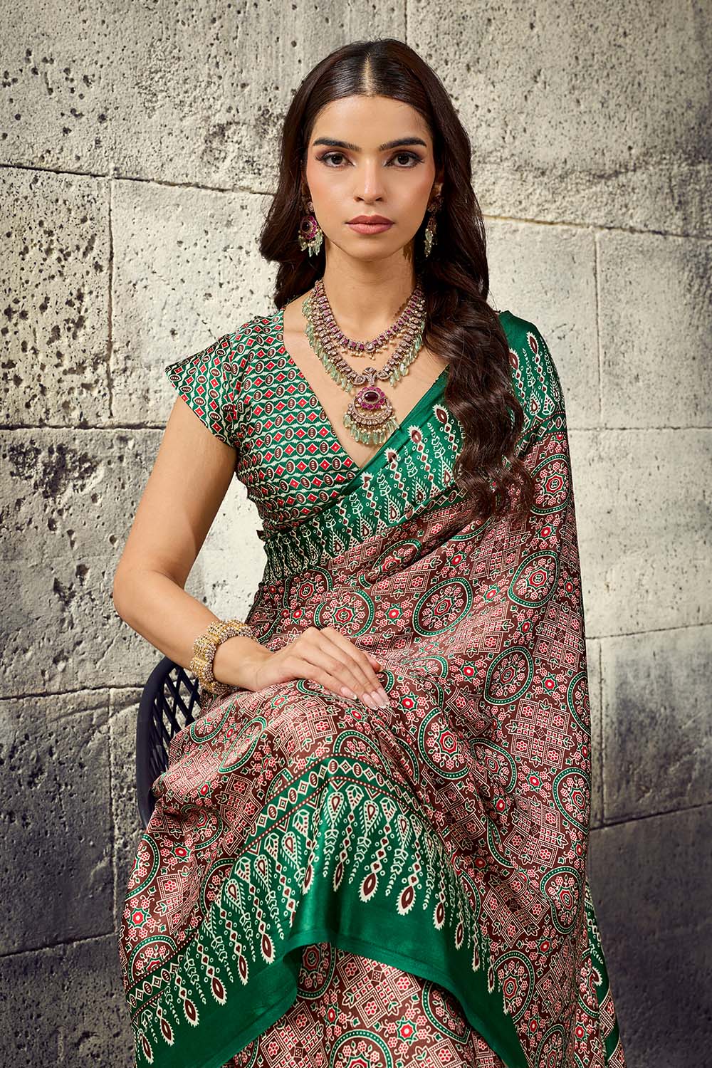 Lina Brown and Green Ajrakh Print Modal Satin Ready to wear Saree