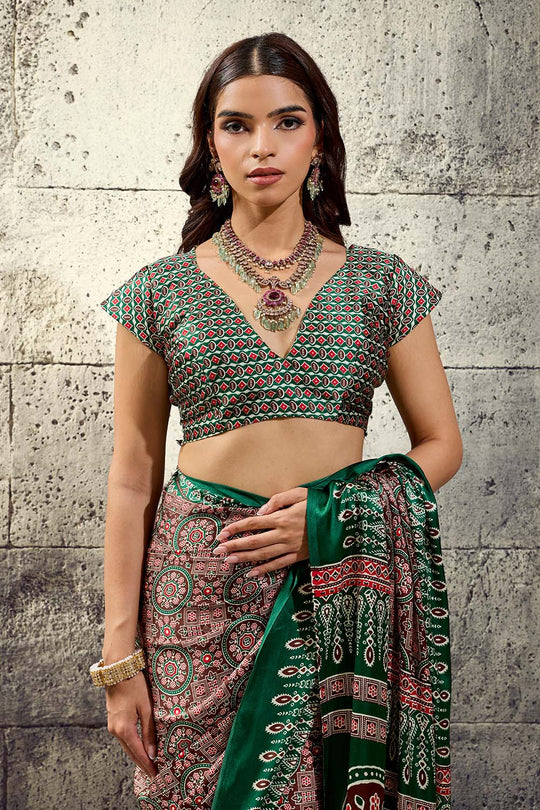 Lina Brown and Green Ajrakh Print Modal Satin Ready to wear Saree