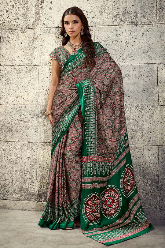 Lina Brown and Green Ajrakh Print Modal Satin Ready to wear Saree