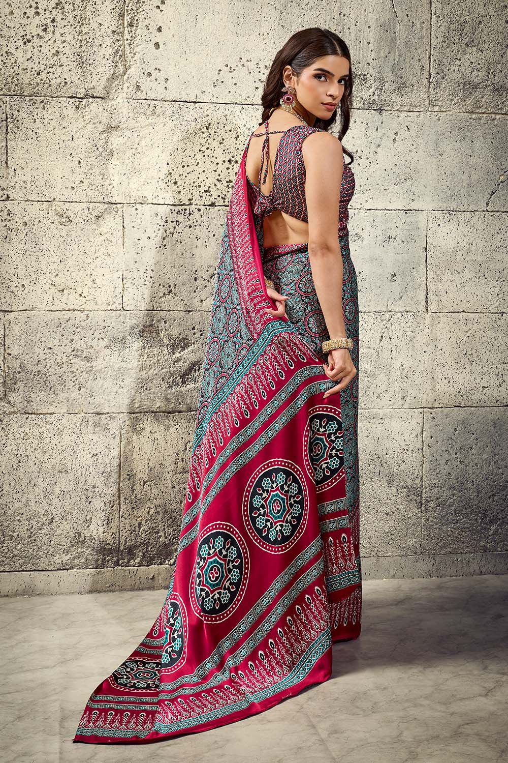 Lina Black and Red Ajrakh Print Modal Satin Ready to wear Saree