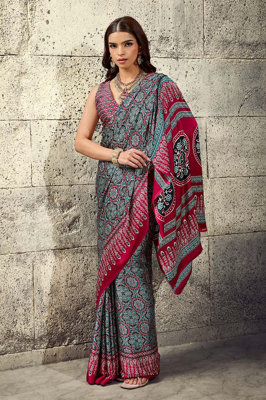 Lina Black and Red Ajrakh Print Modal Satin Ready to wear Saree