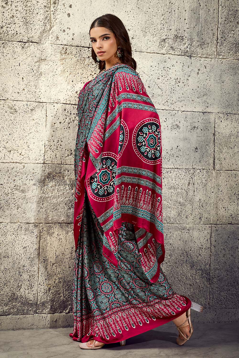 Lina Black and Red Ajrakh Print Modal Satin Ready to wear Saree