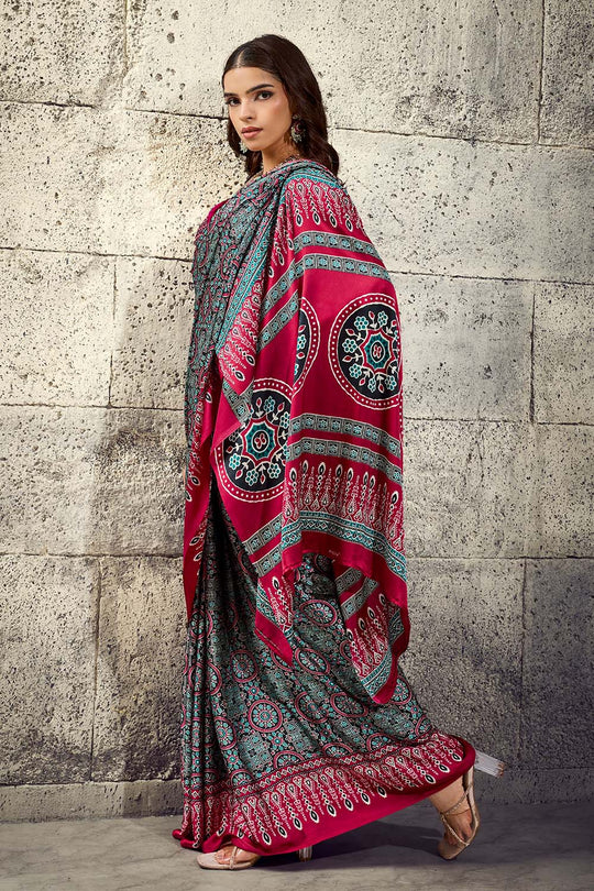 Lina Black and Red Ajrakh Print Modal Satin Ready to wear Saree