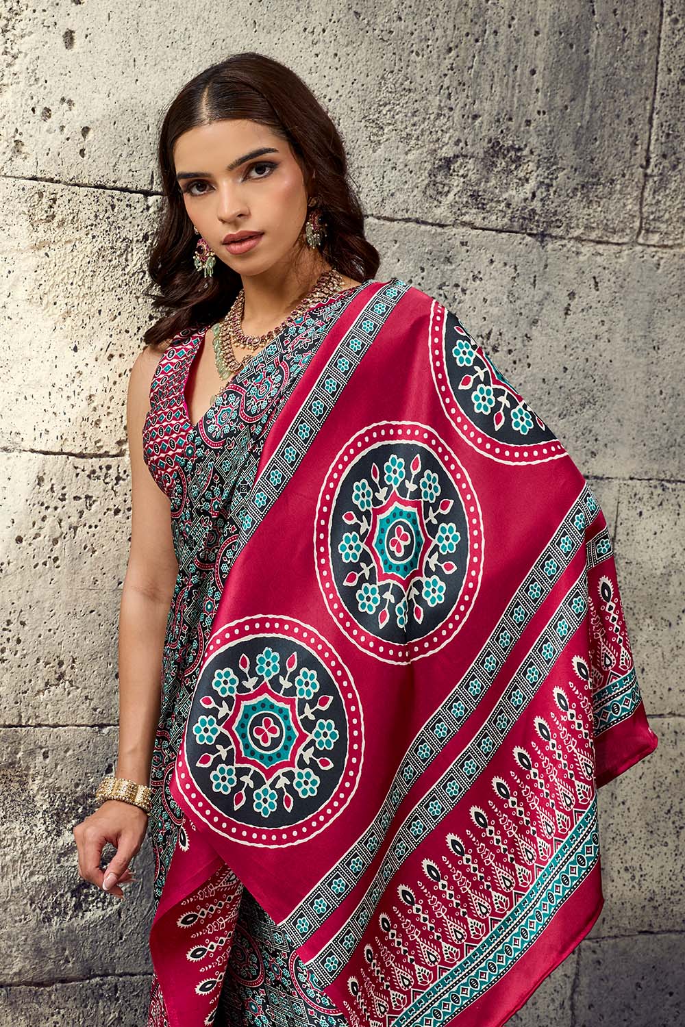 Lina Black and Red Ajrakh Print Modal Satin Ready to wear Saree